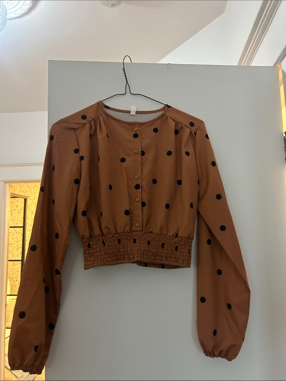 SHEIN Brown Polka Dot Smocked Hem Long Sleeve Blouse